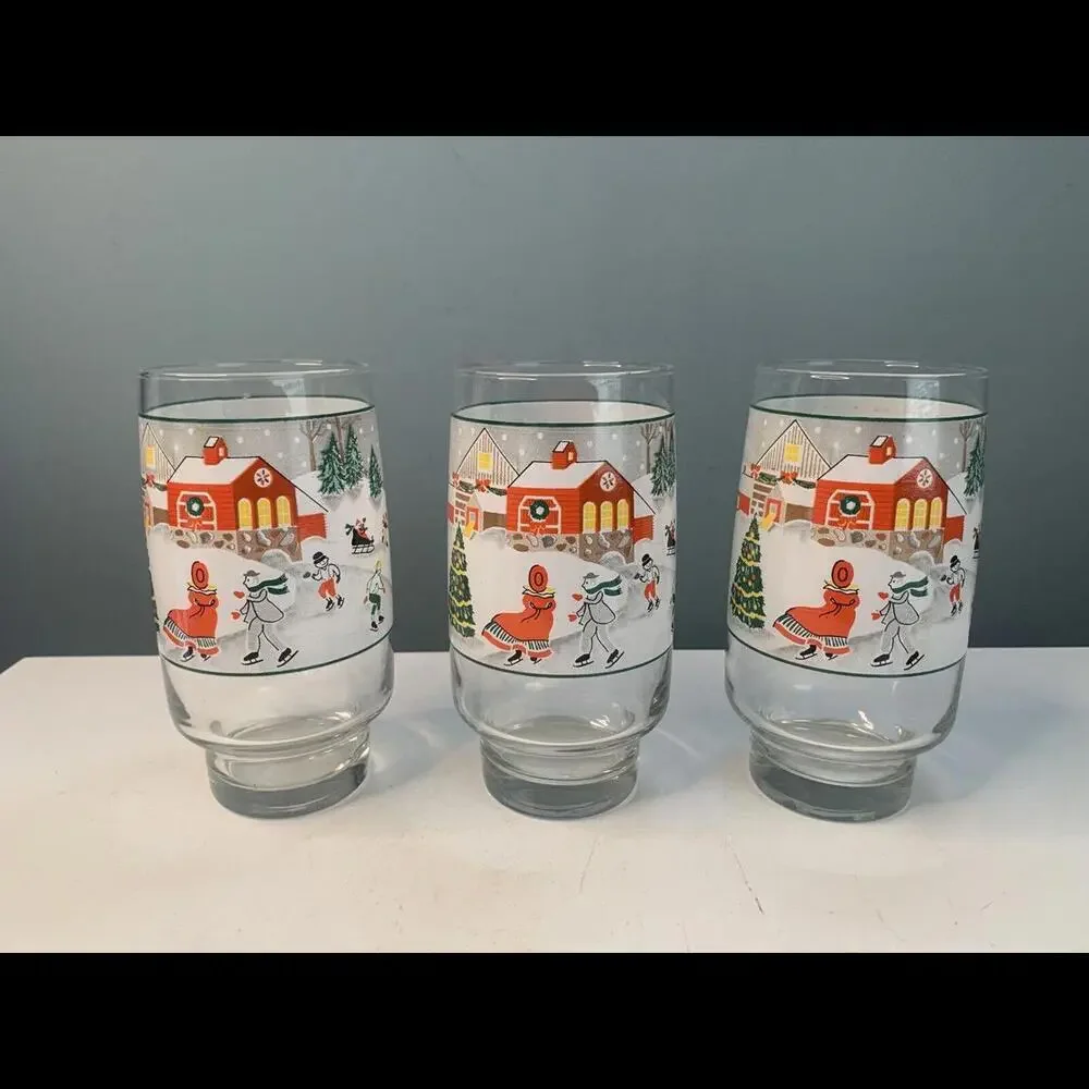 Sango Set of 3 Silent Night Christmas Glass Tumblers Joan Luntz 6” 16 oz Vintage - Picture 1 of 6